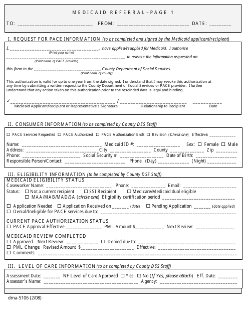 Form DMA-5106 Medicaid Pace Program Referral - North Carolina