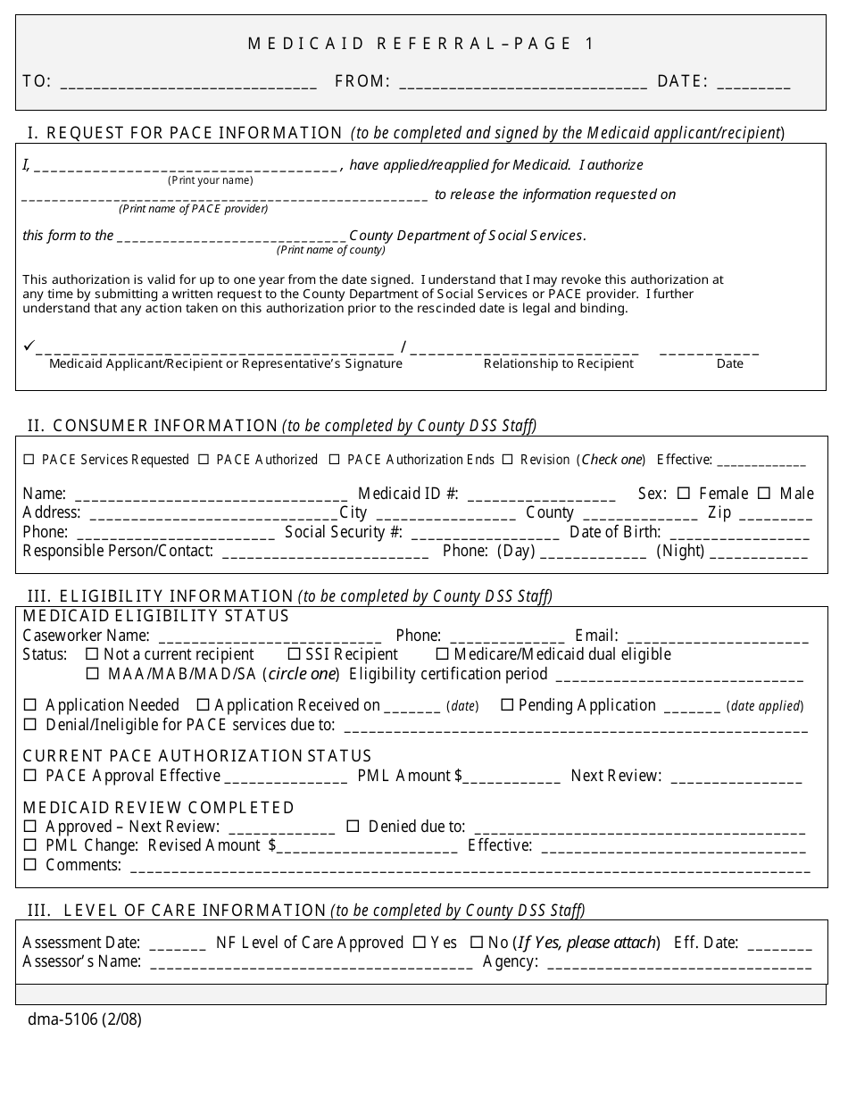 Form DMA-5106 Medicaid Pace Program Referral - North Carolina, Page 1