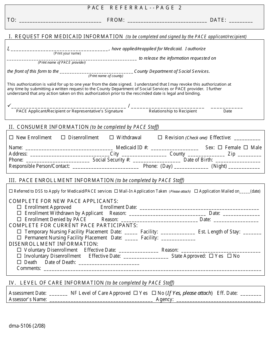 Form DMA-5106 Medicaid Pace Program Referral - North Carolina, Page 2