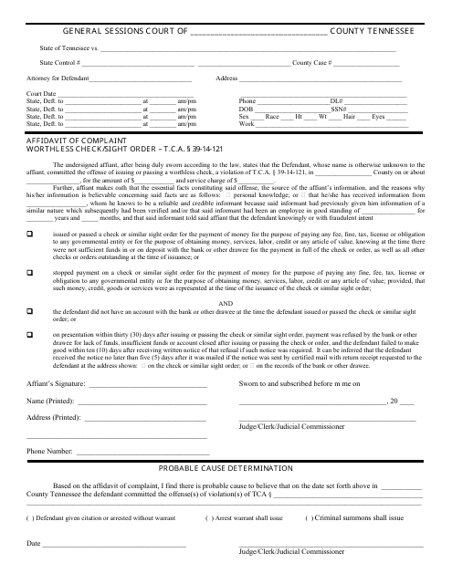 Affidavit of Complaint - Worthless Check / Sight Order - Tennessee Download Pdf