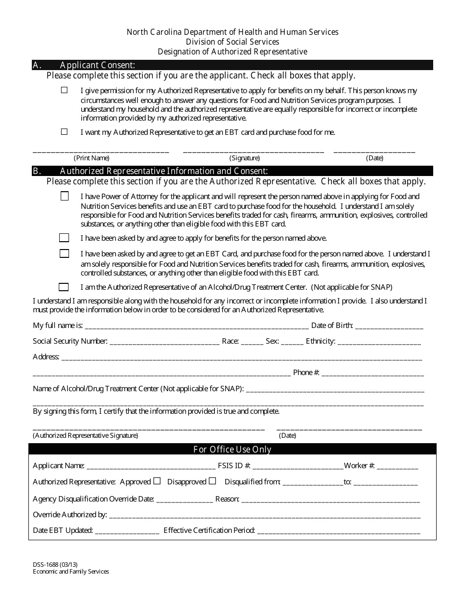 Form DSS-1688 Designation of Authorized Representative - North Carolina, Page 1