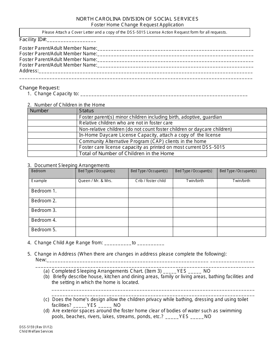Form DSS-5159 Foster Home Change Request Application - North Carolina, Page 1
