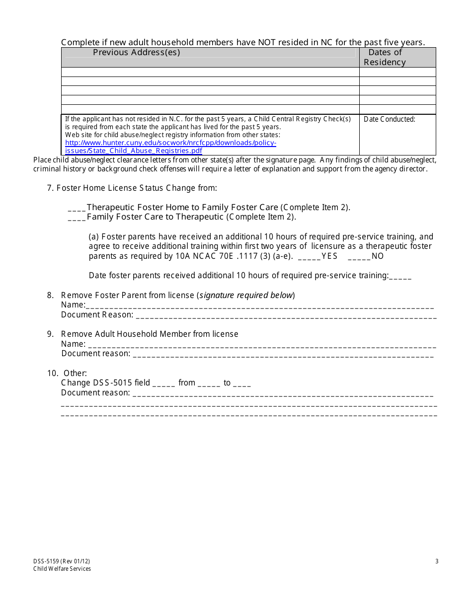Form DSS-5159 Foster Home Change Request Application - North Carolina, Page 3
