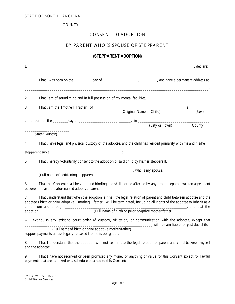 Form DSS-5189 Consent to Adoption by Parent Who Is Spouse of Stepparent (Stepparent Adoption) - North Carolina, Page 1