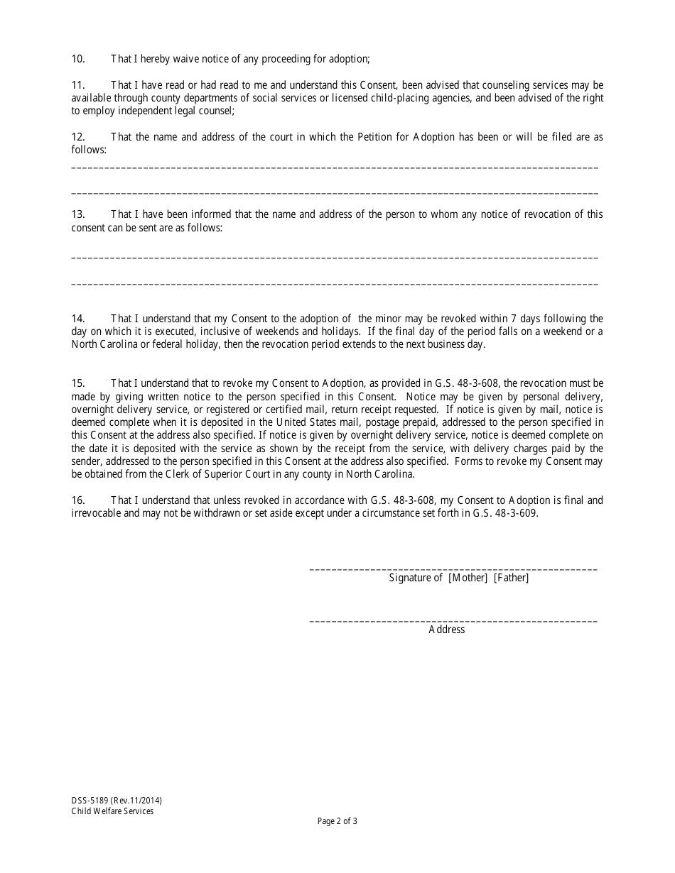 Form DSS-5189 Consent to Adoption by Parent Who Is Spouse of Stepparent (Stepparent Adoption) - North Carolina, Page 2