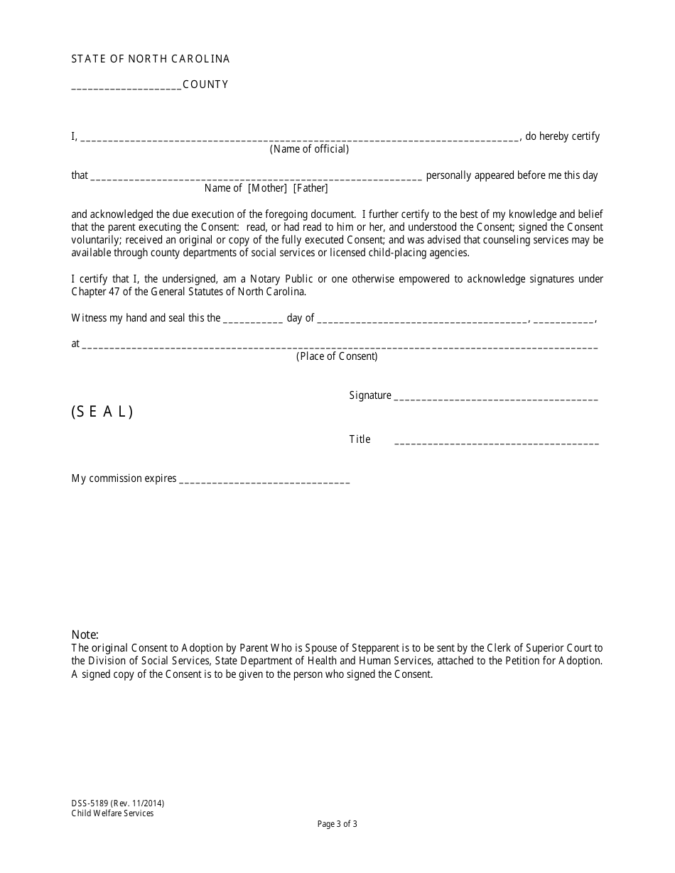 Form DSS-5189 Consent to Adoption by Parent Who Is Spouse of Stepparent (Stepparent Adoption) - North Carolina, Page 3