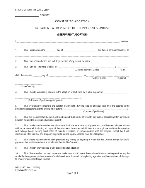 Form DSS-5190 Consent to Adoption by Parent Who Is Not the Stepparent's Spouse (Stepparent Adoption) - North Carolina