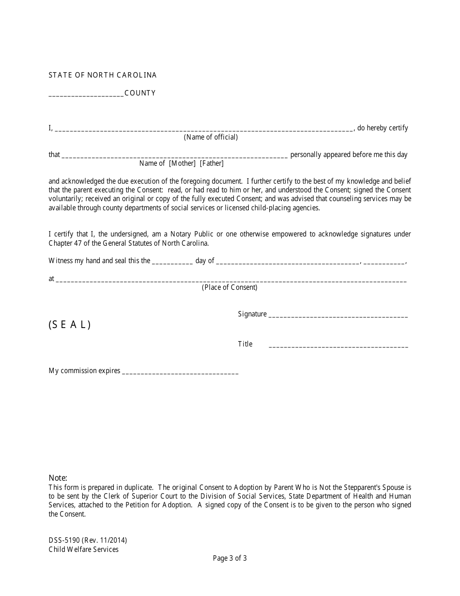 Form DSS-5190 Consent to Adoption by Parent Who Is Not the Stepparents Spouse (Stepparent Adoption) - North Carolina, Page 3