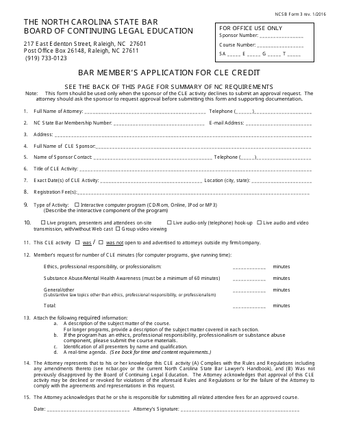 Form 3 Bar Member's Application for Cle Credit - North Carolina