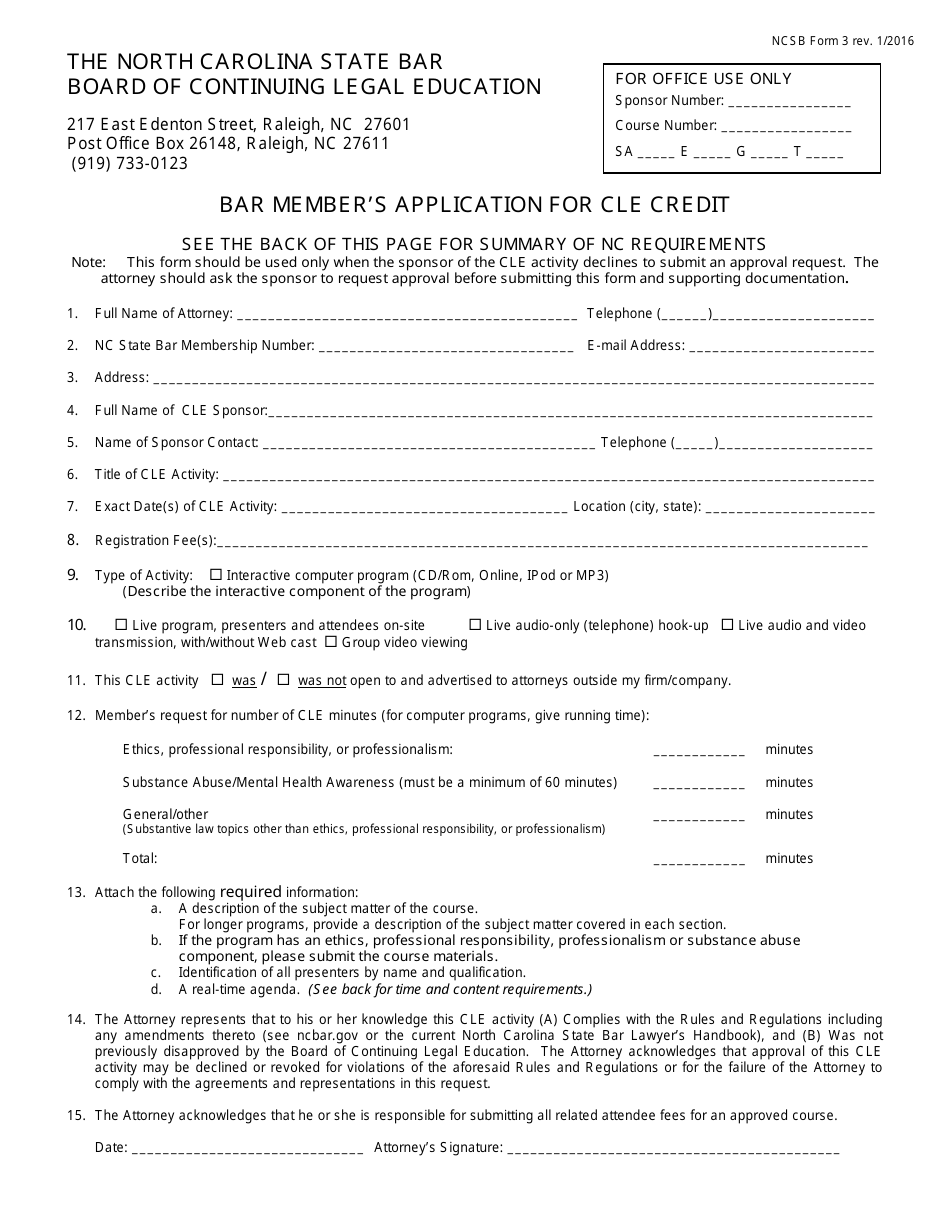 Form 3 Bar Members Application for Cle Credit - North Carolina, Page 1