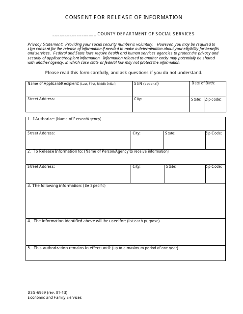 Form DSS-6969 Consent for Release of Information - North Carolina