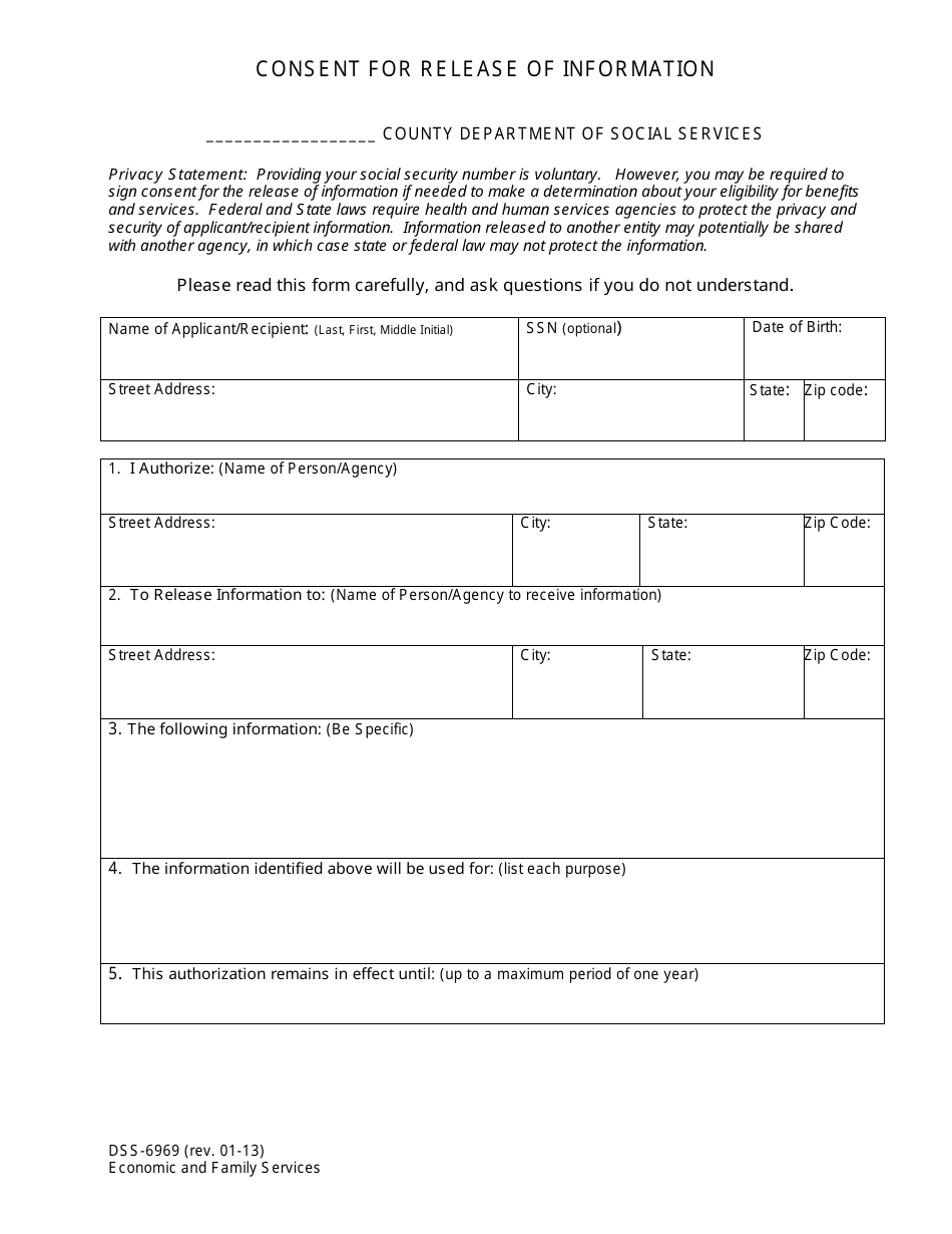 Form DSS-6969 Consent for Release of Information - North Carolina, Page 1