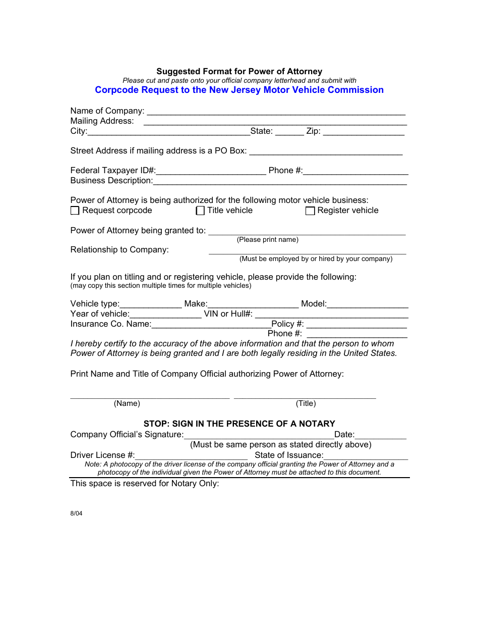 Vehicle Power of Attorney Template - New Jersey, Page 1