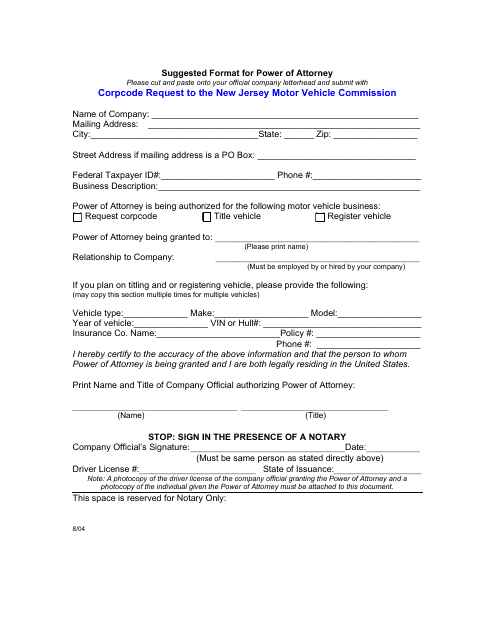 Vehicle Power of Attorney Template - New Jersey Download Pdf