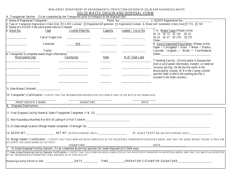 Solid Waste Origin and Disposal Form - New Jersey, Page 1