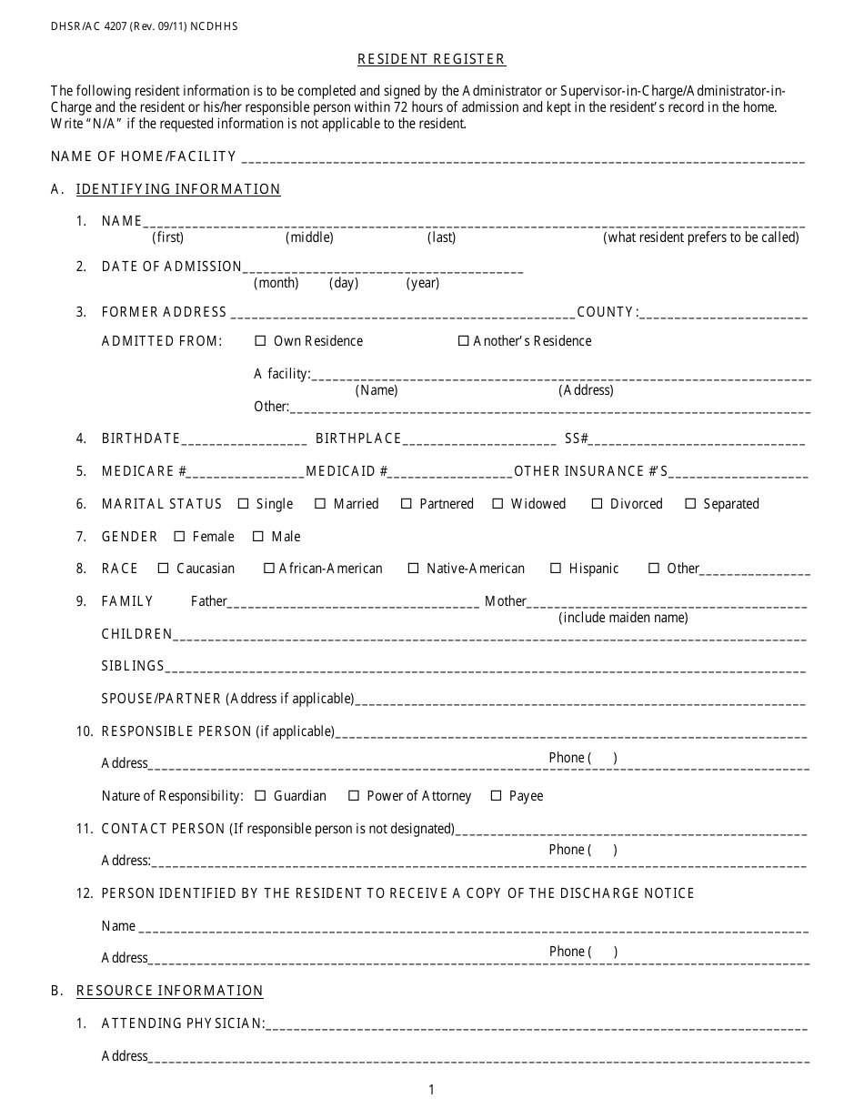 Form 4207 Resident Register Form - North Carolina, Page 1