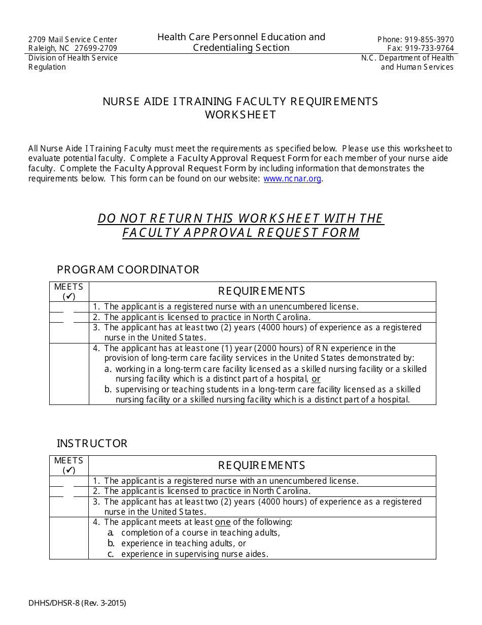 Form 8 Nurse Aide I Training Faculty Requirements Worksheet - North Carolina, Page 1