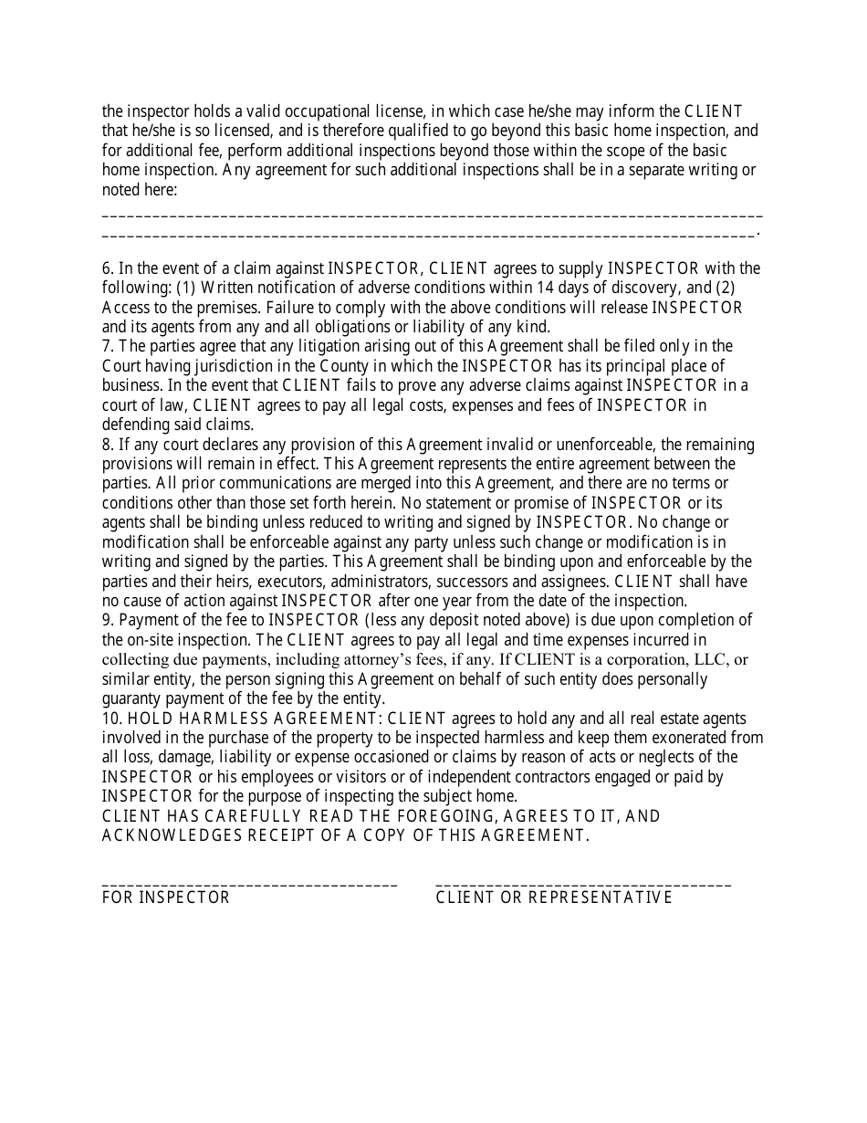 Home Inspection Contract Form, Page 2