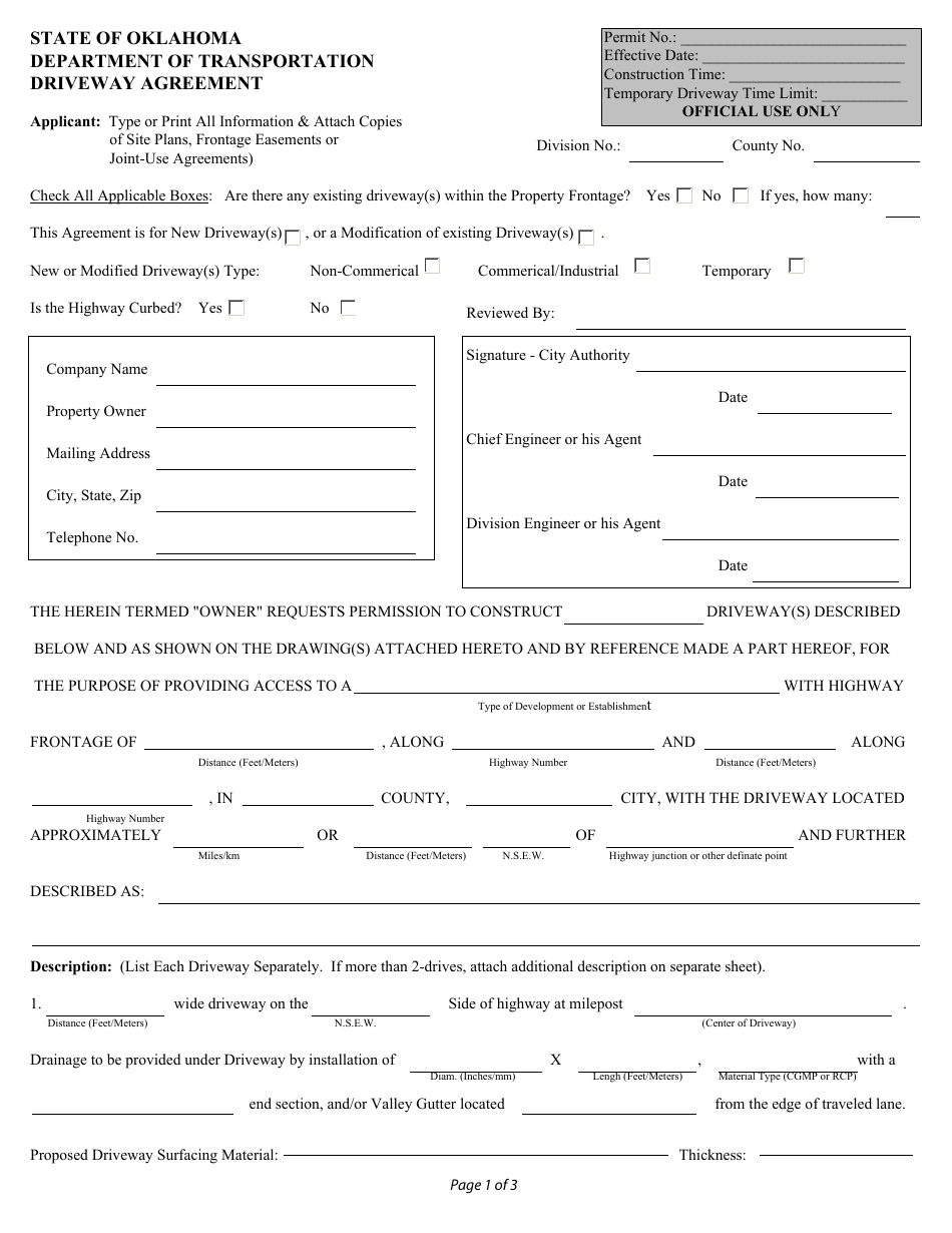 Form TE-2000 Driveway Agreement - Oklahoma, Page 1