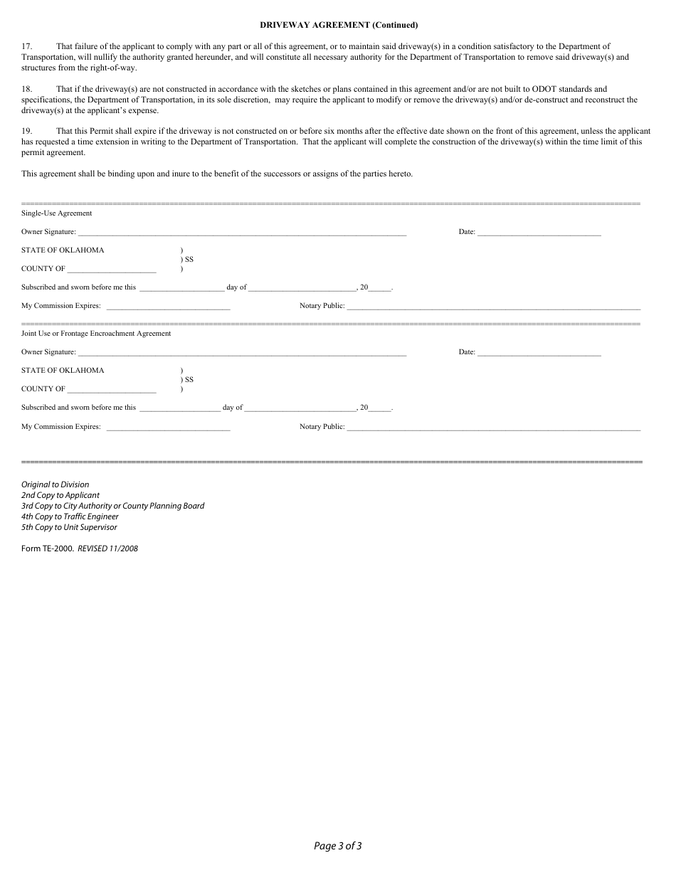 Form TE-2000 Driveway Agreement - Oklahoma, Page 3