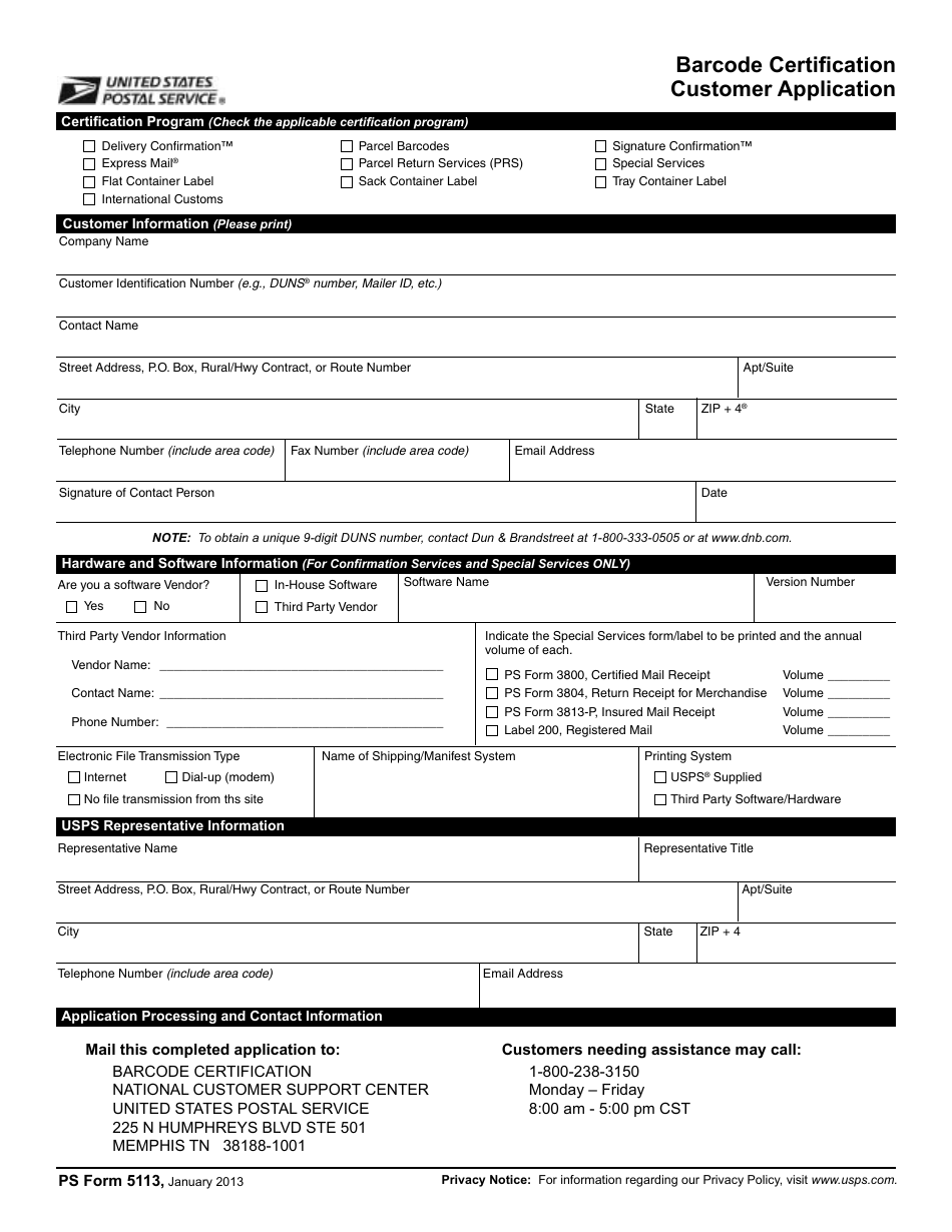 PS Form 5113 Barcode Certification Customer Application, Page 1