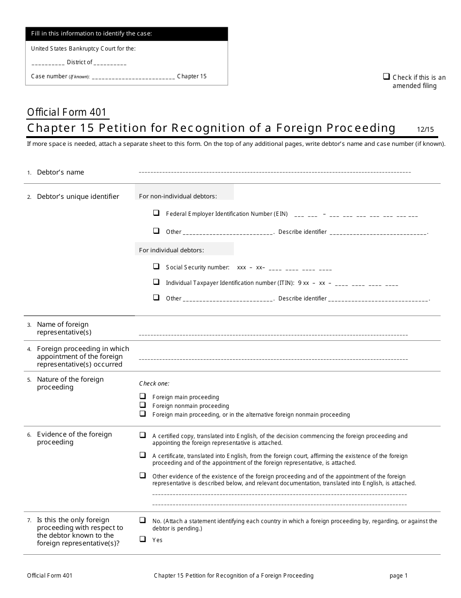 Official Form 401 Chapter 15 Petition for Recognition of a Foreign Proceeding, Page 1