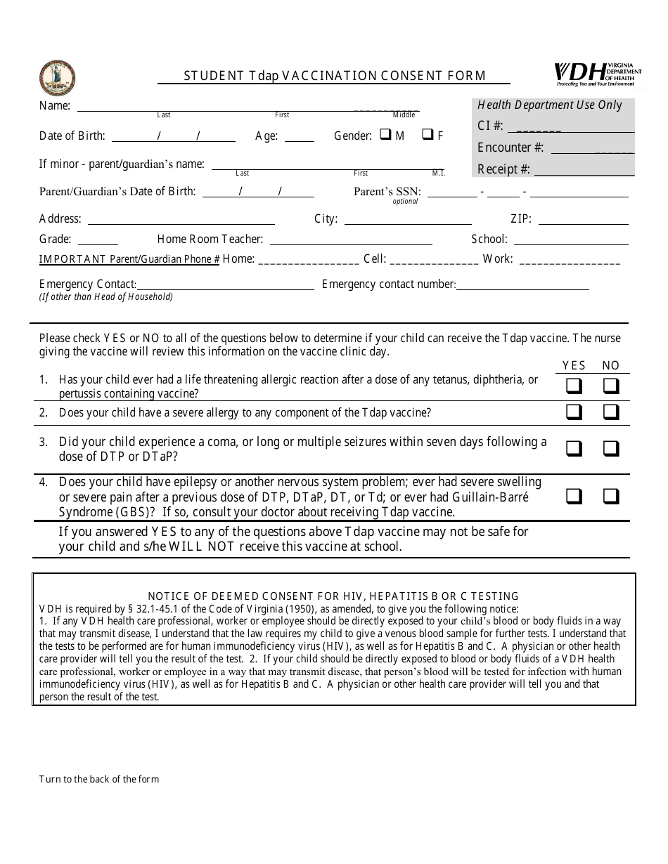 Student Tdap Vaccination Consent Form - Chesterfield County, Virginia, Page 1