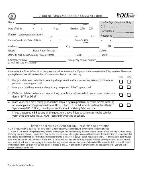 Student Tdap Vaccination Consent Form - Chesterfield County, Virginia Download Pdf