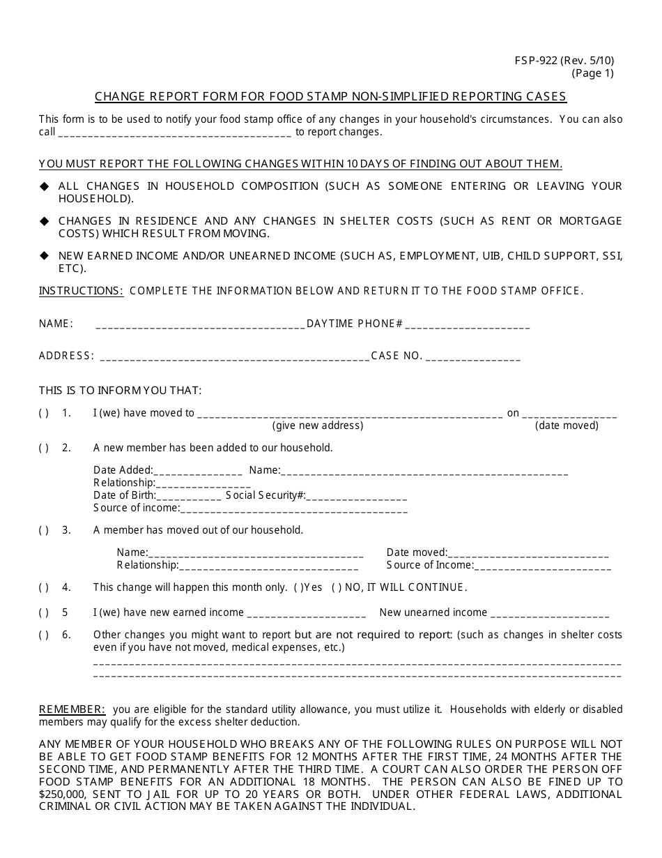 Form FSP-922 Change Report Form for Food Stamp Non-simplified Reporting Cases - Burlington County, New Jersey, Page 1