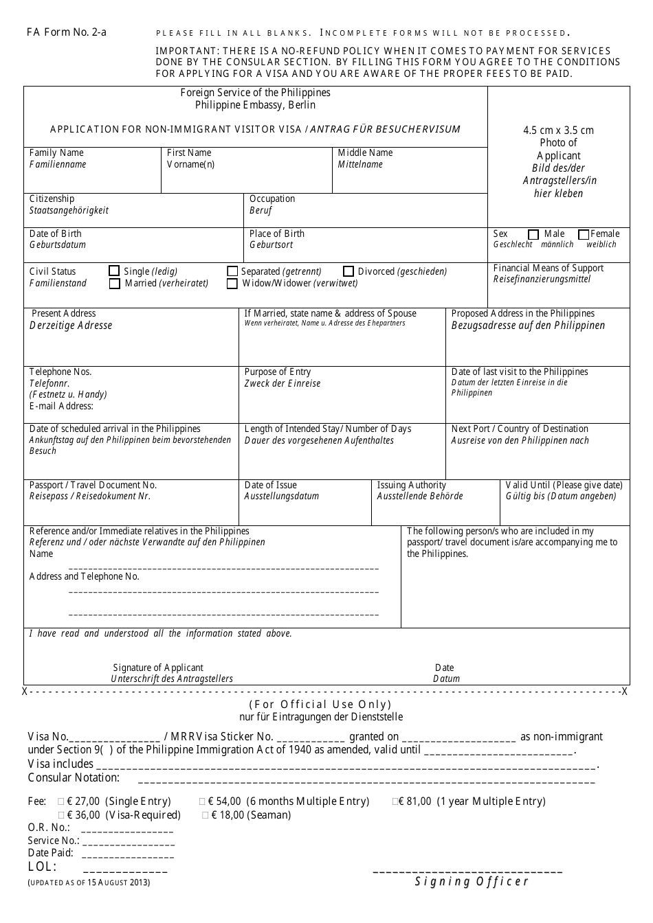 FA Form 2-A Philippine Non-immigrant Visitor Visa Application Form - Philippine Embassy - Berlin, Germany (English / German), Page 1