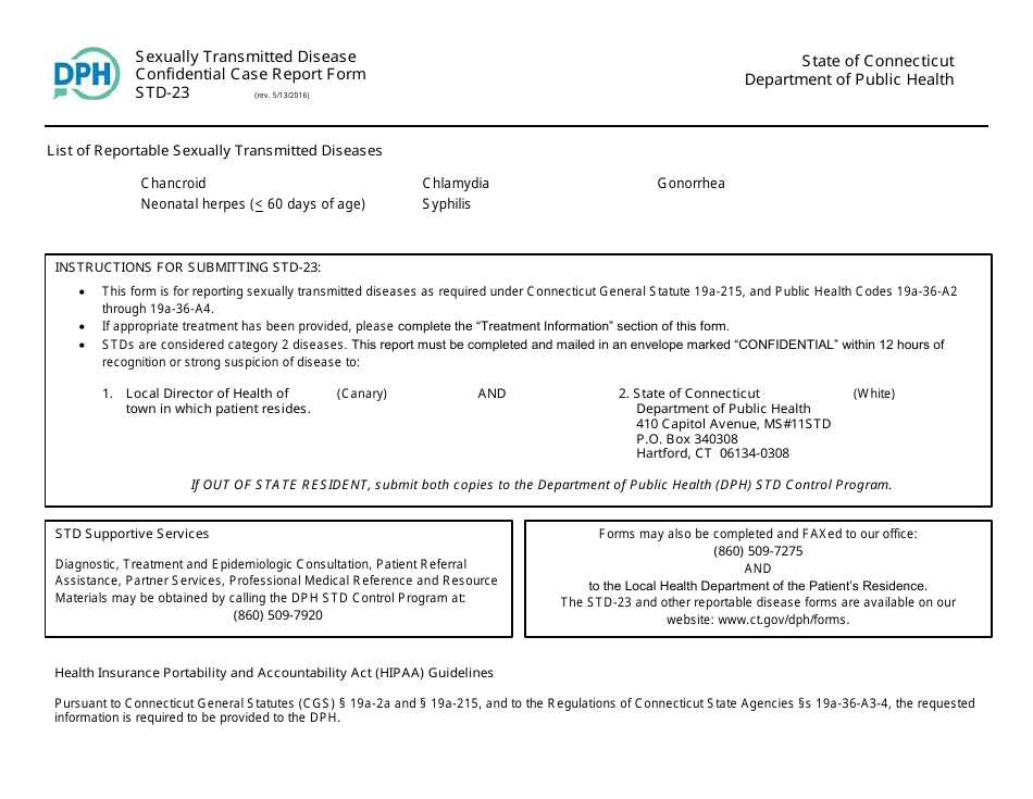 Form STD-23 Sexually Transmitted Diseases Confidential Case Report Form - Connecticut, Page 1
