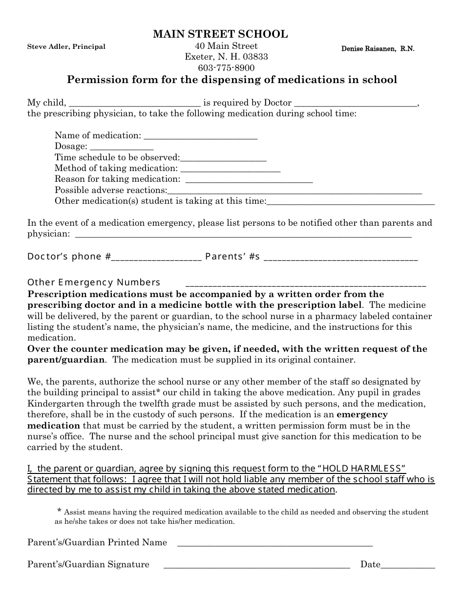 Permission Form for Dispensing of Medications in School - Main Street School, Page 1