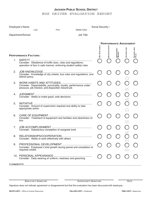 Bus Driver Evaluation Report Form - Jackson Public School District Download Pdf