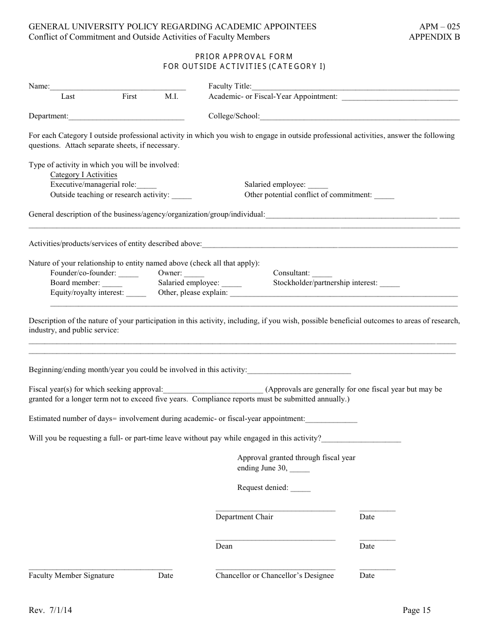Prior Approval Form for Outside Activities (Category I) - University of California, Page 1