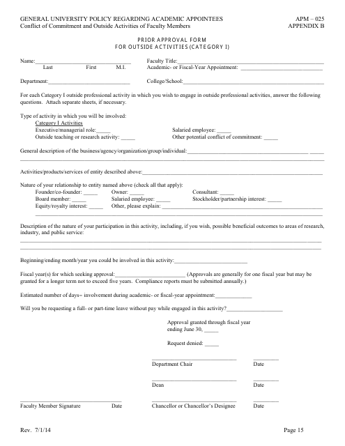 Prior Approval Form for Outside Activities (Category I) - University of California