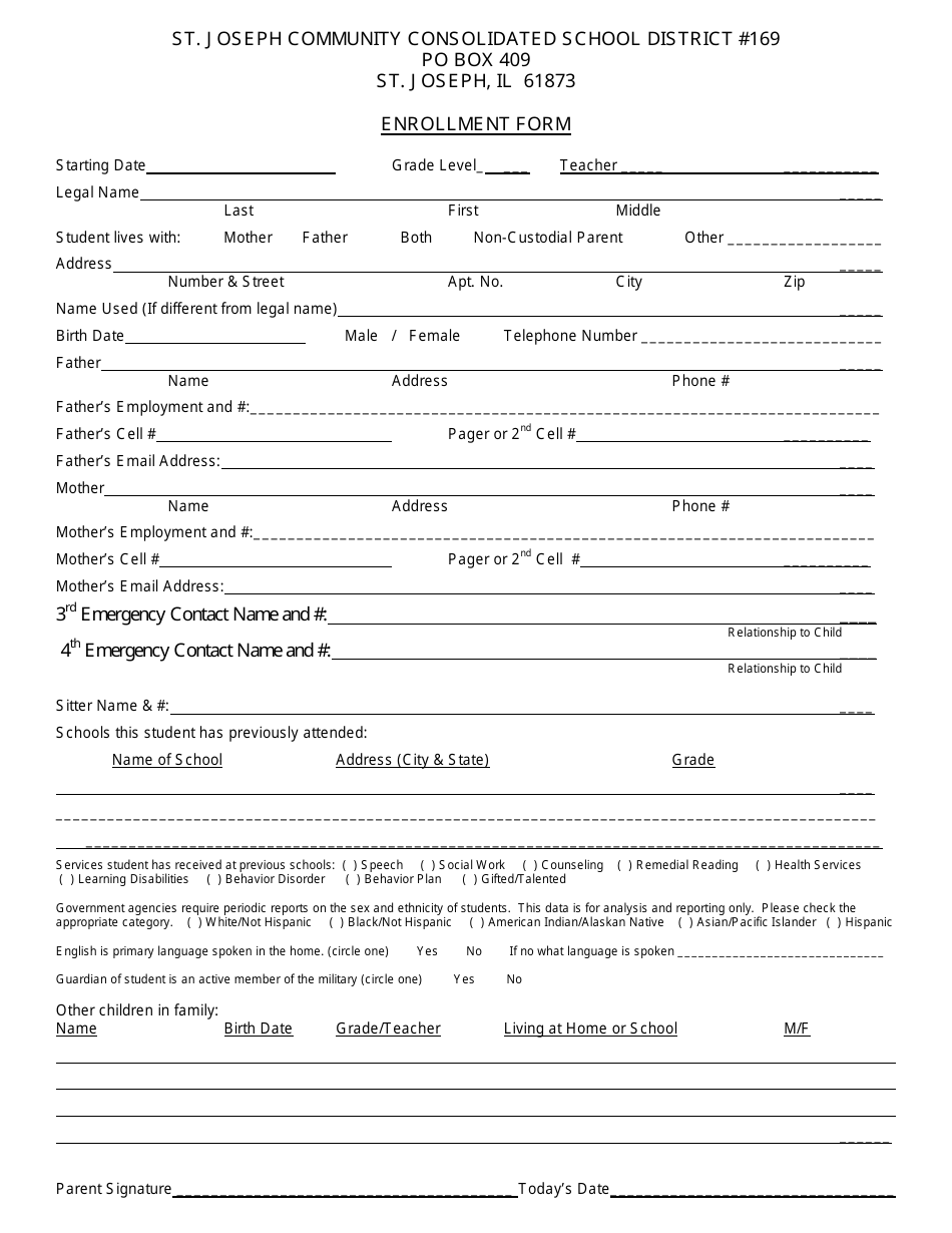 School Enrollment Form - St. Joseph Community Consolidated School District #169 - Illinois, Page 1