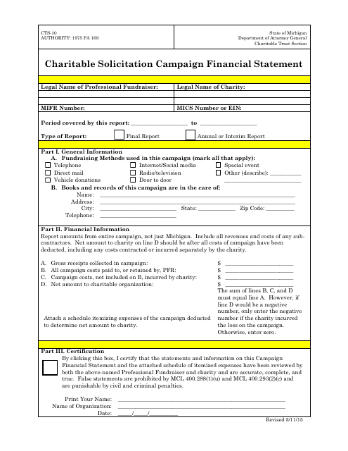 Form CTS-10 Charitable Solicitation Campaign Financial Statement - Michigan