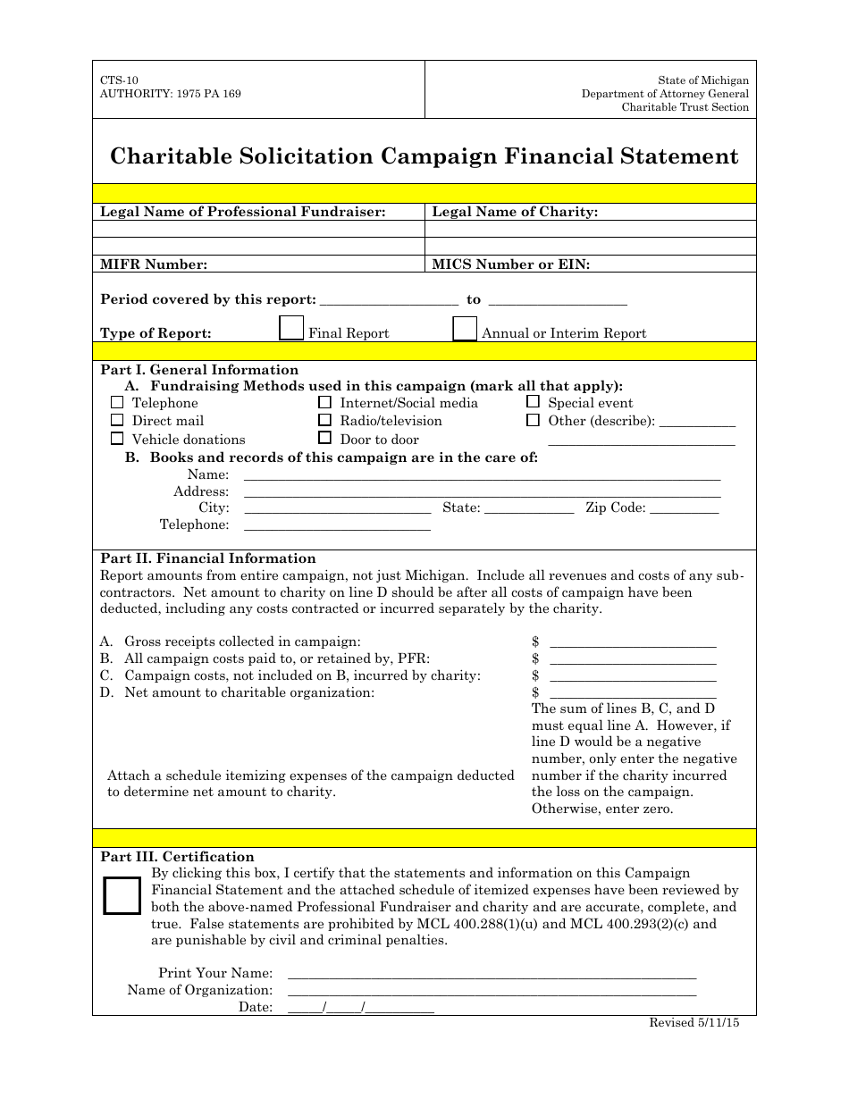 Form CTS-10 Charitable Solicitation Campaign Financial Statement - Michigan, Page 1