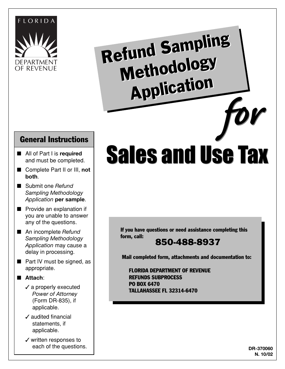 Form DR-370060 Refund Sampling Methodology Application for Sales and Use Tax - Florida, Page 1