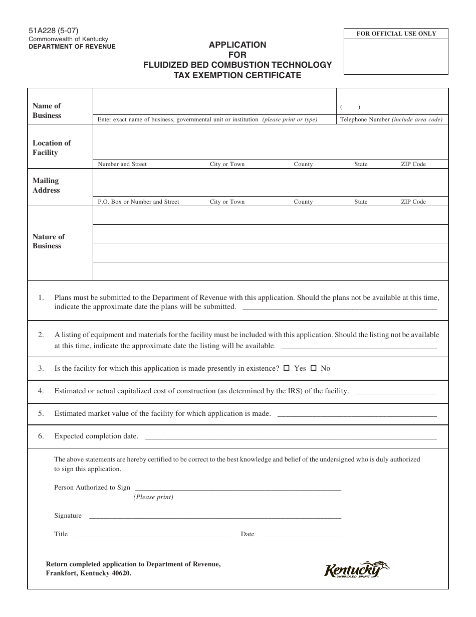 Form 51A228 Application for Fluidized Bed Combustion Technology Tax Exemption Certificate - Kentucky, Page 1