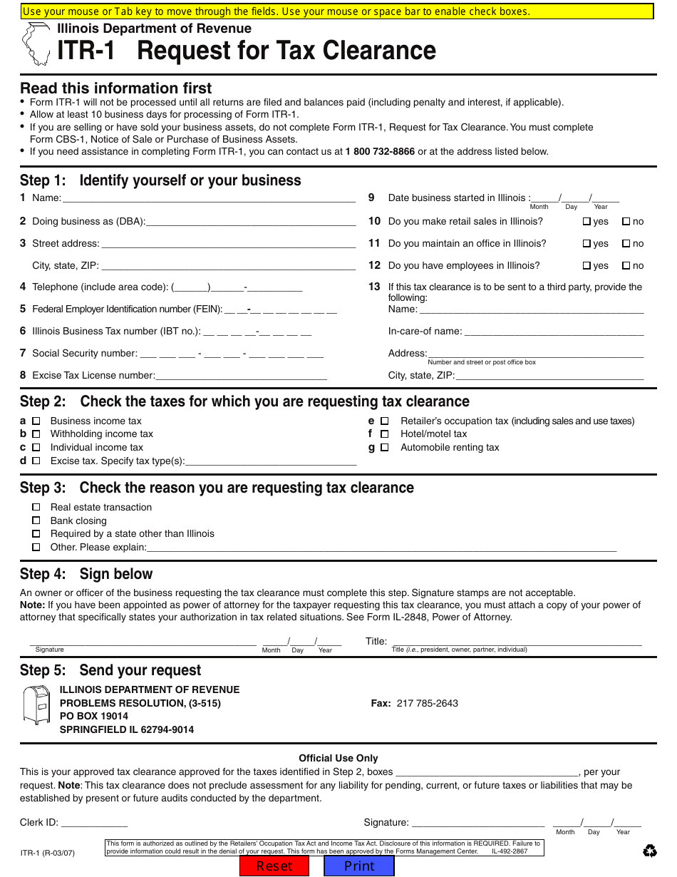 Form ITR-1 Request for Tax Clearance - Illinois, Page 1