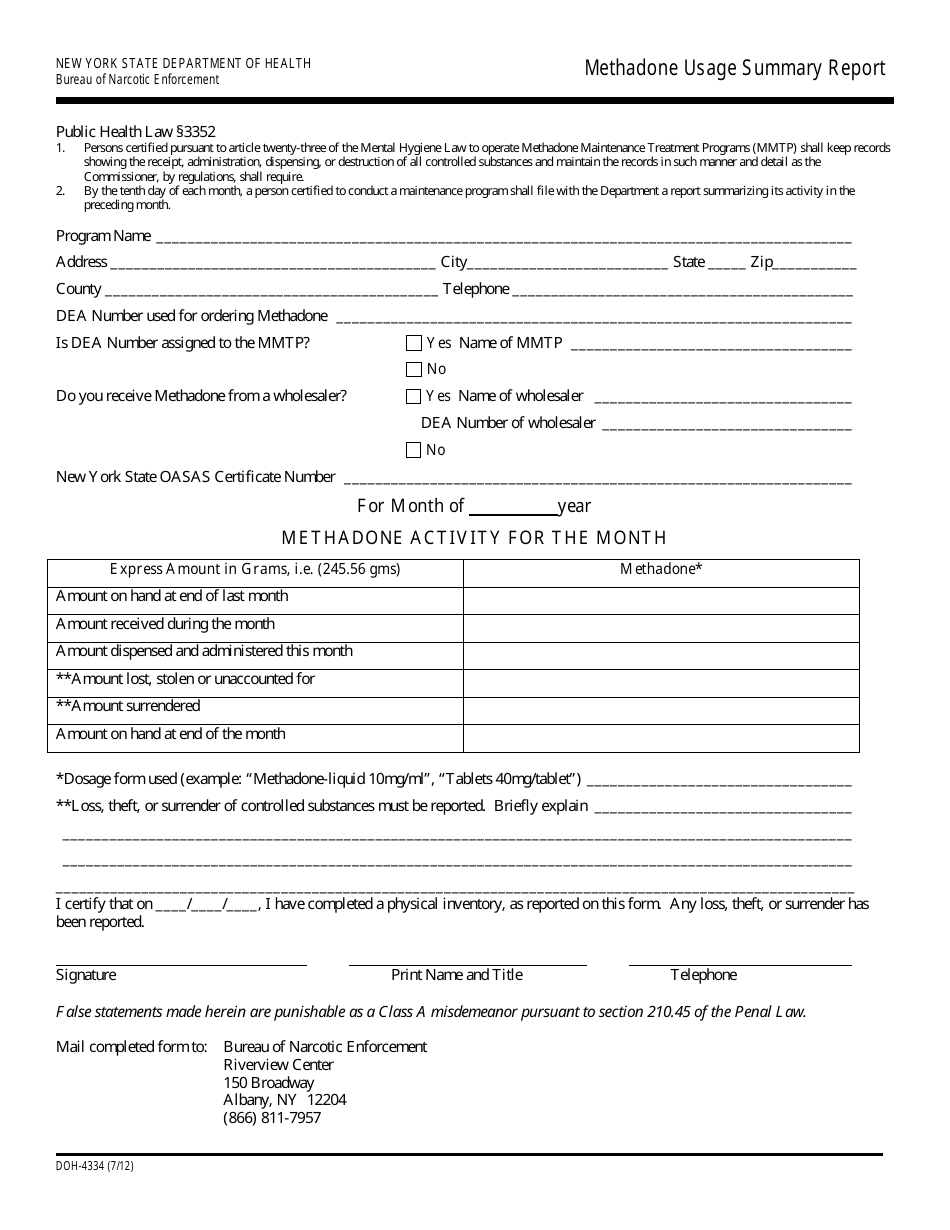 Form DOH-4334 Methadone Usage Summary Report - New York, Page 1