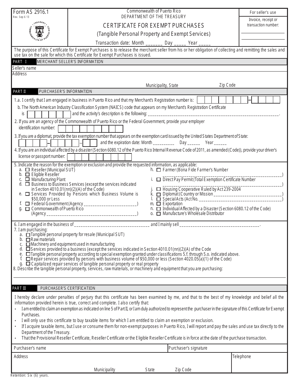 Form AS2916.1 Certificate for Exempt Purchases (Tangible Personal Property and Exempt Services) - Puerto Rico, Page 1