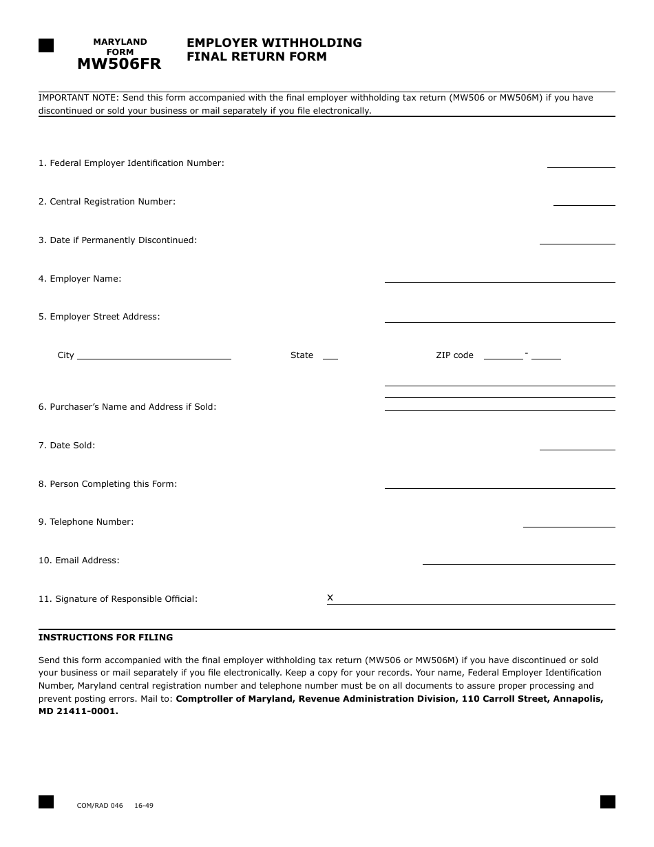 Form MW506FR Employer Withholding Final Return - Maryland, Page 1