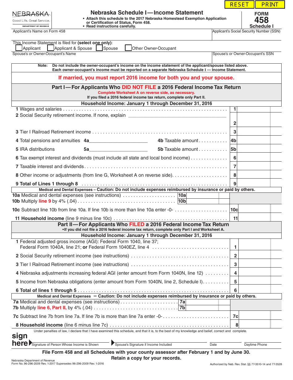 Form 458 Schedule I Income Statement - Nebraska, Page 1