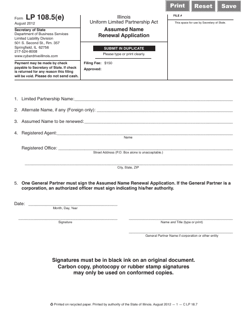 Form LP108.5(E) Assumed Name Renewal Application - Illinois
