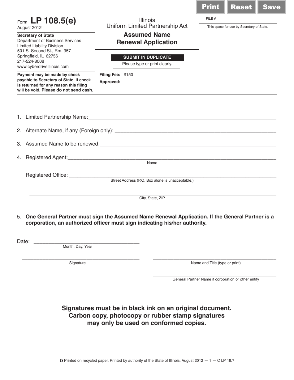 Form LP108.5(E) Assumed Name Renewal Application - Illinois, Page 1