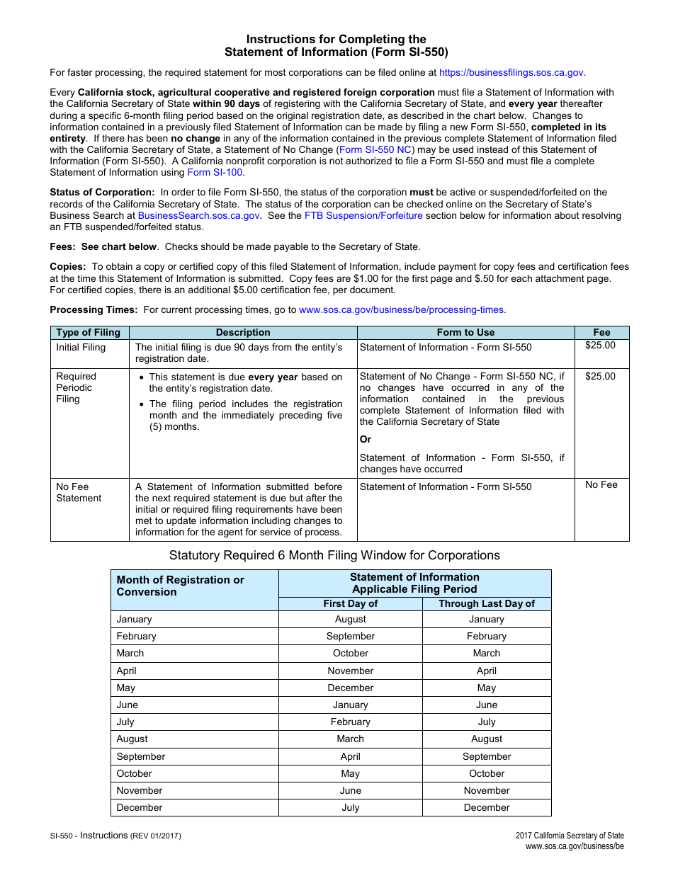 Form SI-550 Statement of Information - California, Page 1