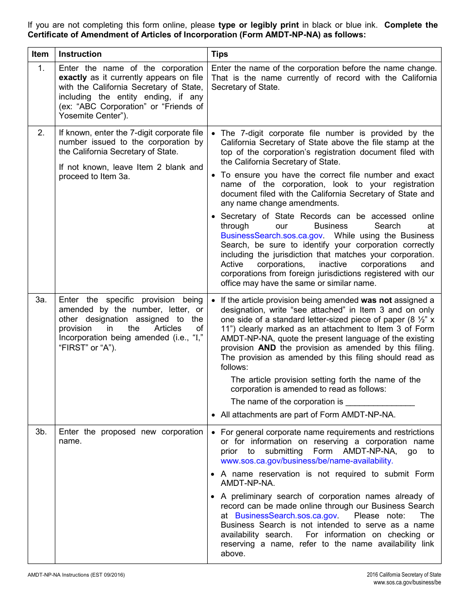 Form amdt-np-na Certificate of Amendment of Articles of Incorporation - Name Change Only - Nonprofit - California, Page 2