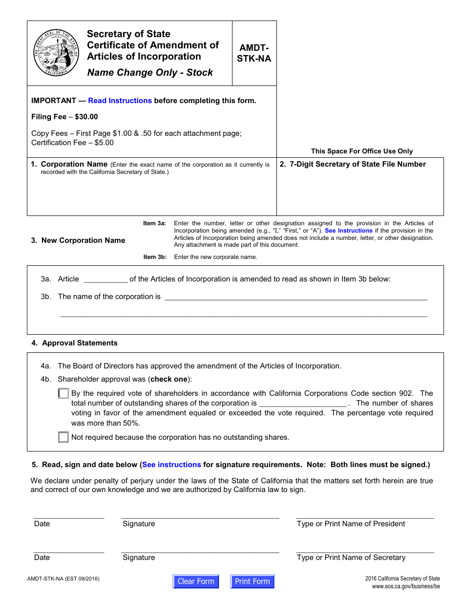Form amdt-stk-na Certificate of Amendment of Articles of Incorporation - Name Change Only - Stock - California, Page 5